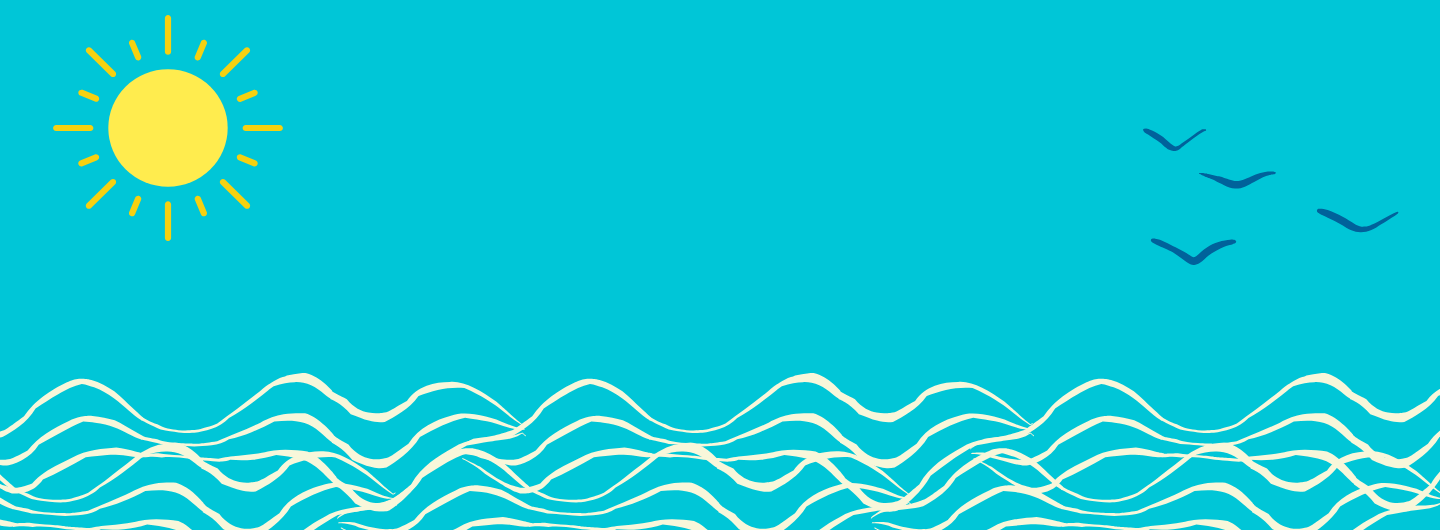 Banner containing an outline of waves, seagulls, and the sun on a teal background.