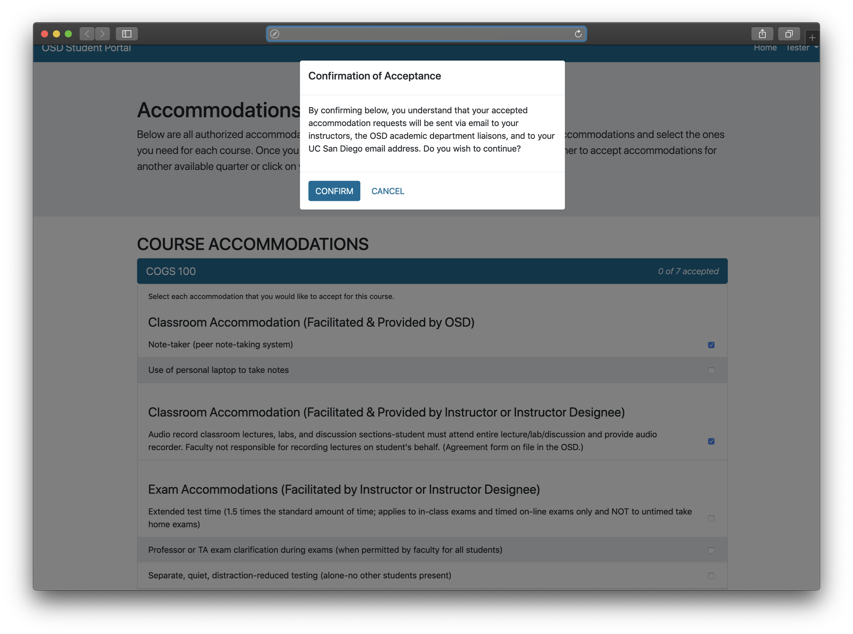 Screenshot of the dialogue box for confirming accommodations after the first day of instruction.