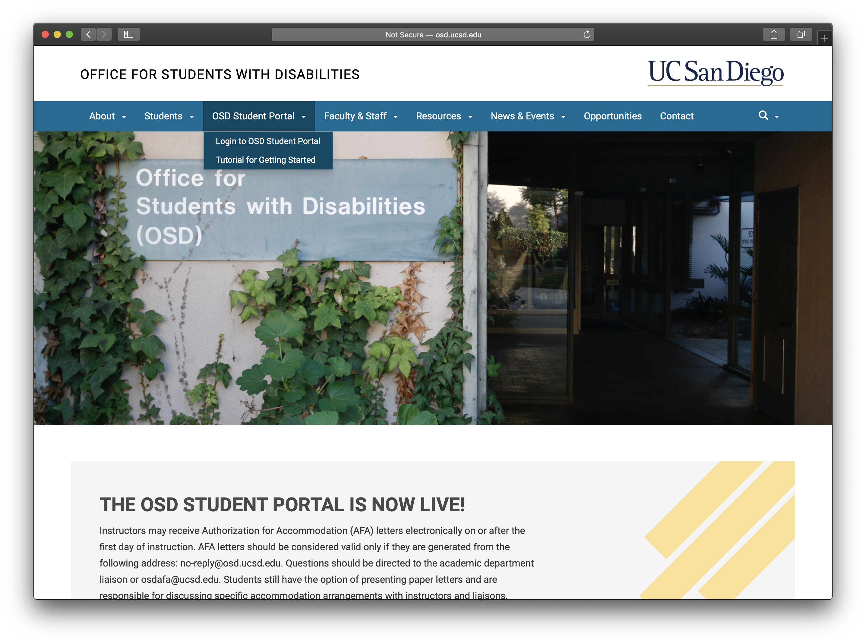 Screenshot of the dropdown tab for the OSD Student Portal.