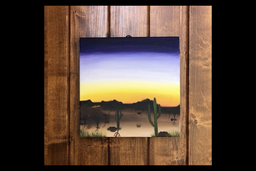 1 of 4, A landscape painting of the Arizona desert with the sun setting behind the mountains.