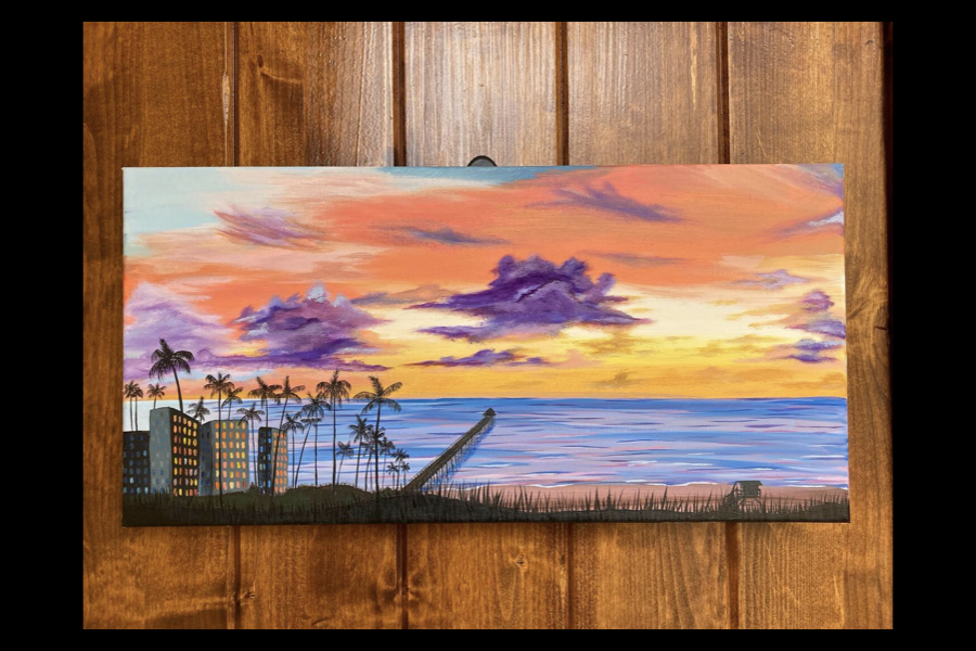 4 of 4, A sunset landscape painting containing a beach with a long boardwalk, tall palm trees, and tall buildings in the foreground.
