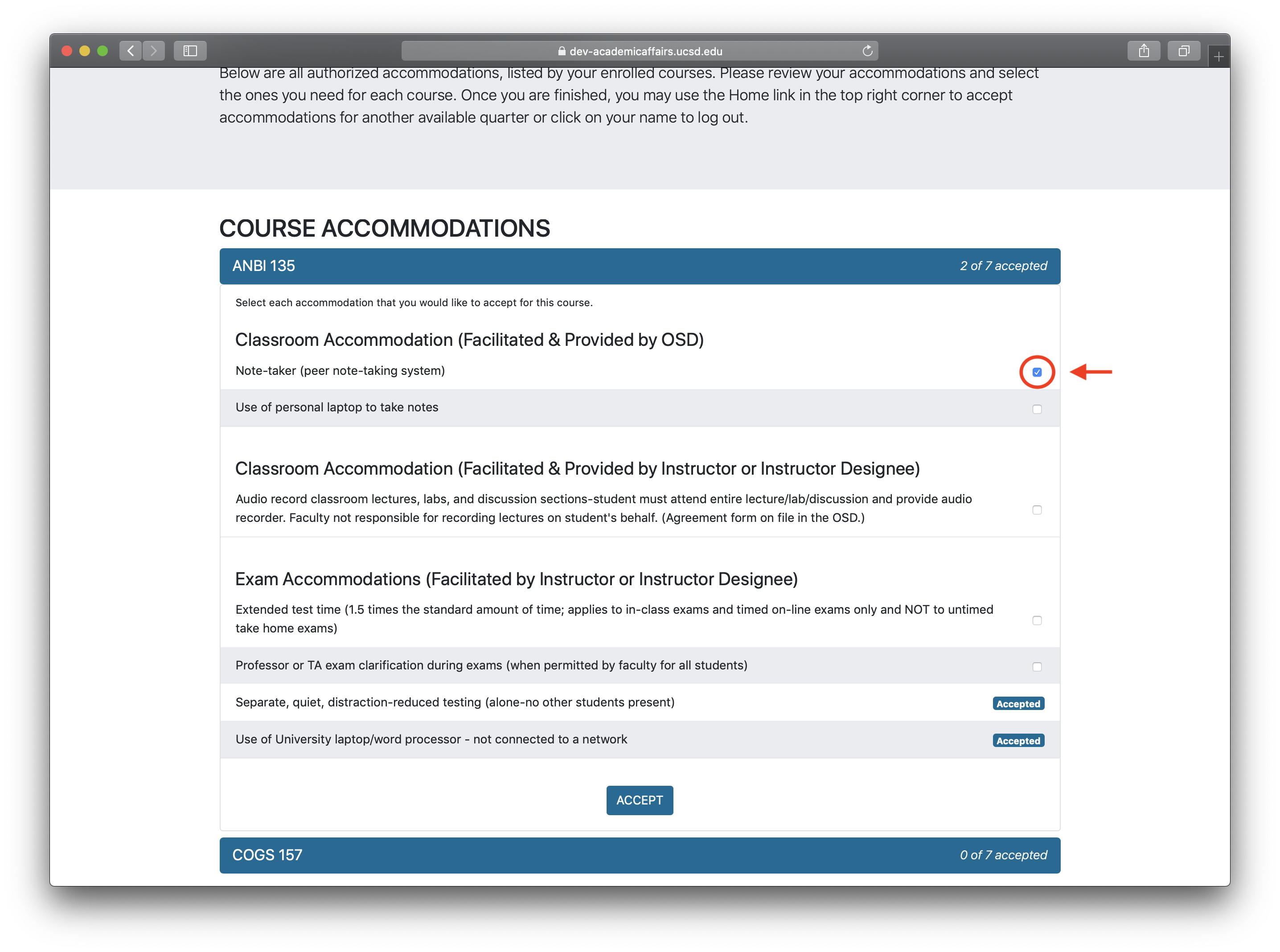 Screenshot of course accommodations with a selected checkbox, and two accommodations below already accepted.
