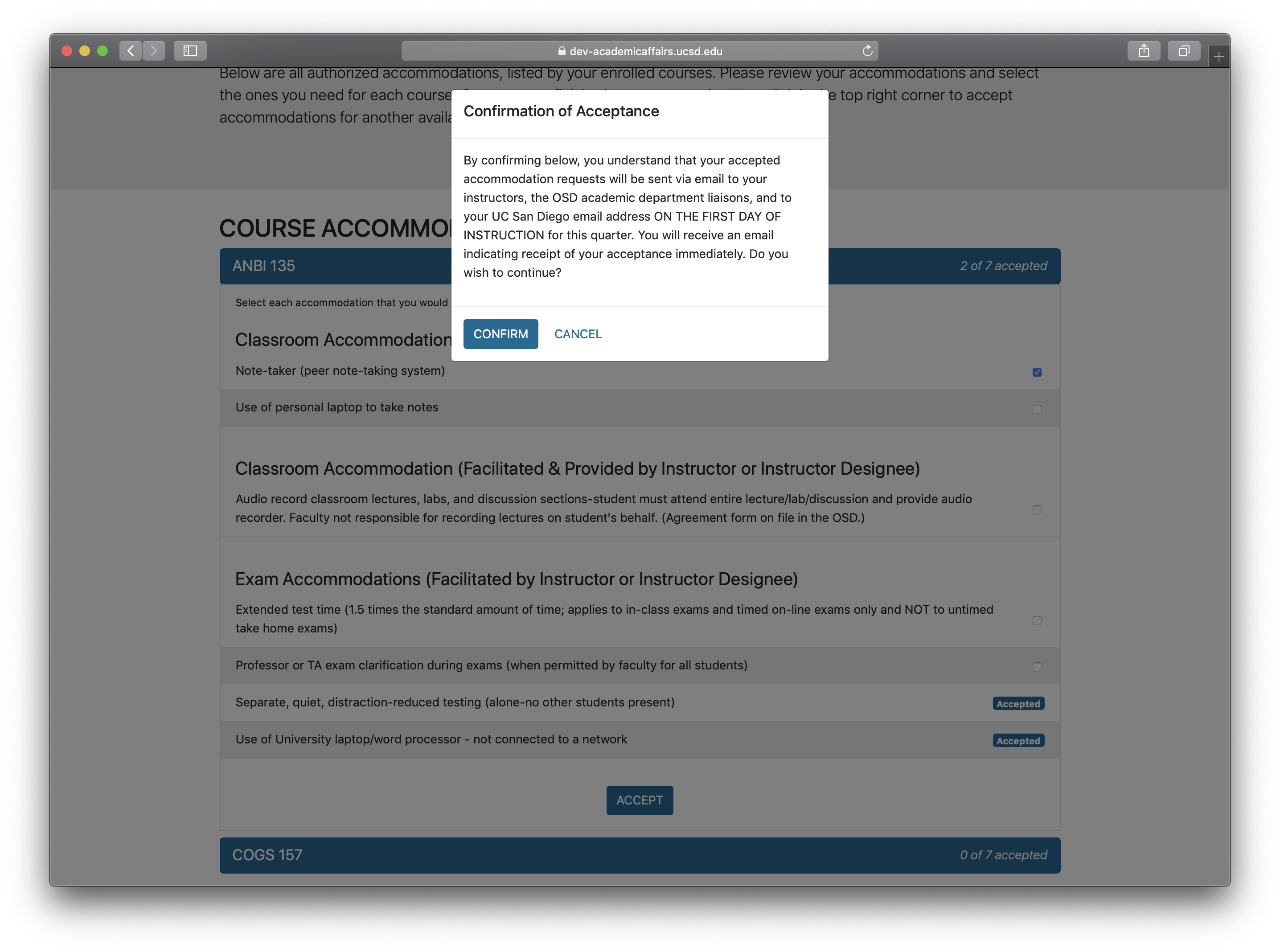 Screenshot of the dialogue box for confirming accommodations before the first day of instruction.