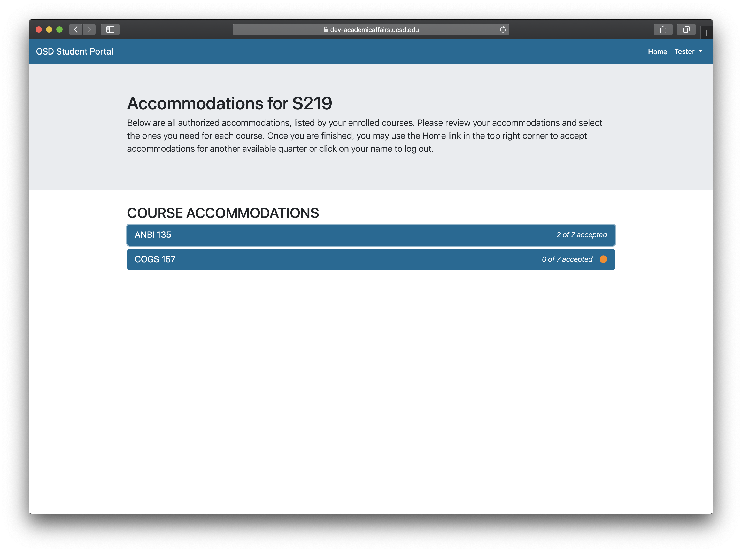 Screenshot of a list of enrolled courses for a quarter, along with instructions on how to accept accommodations.