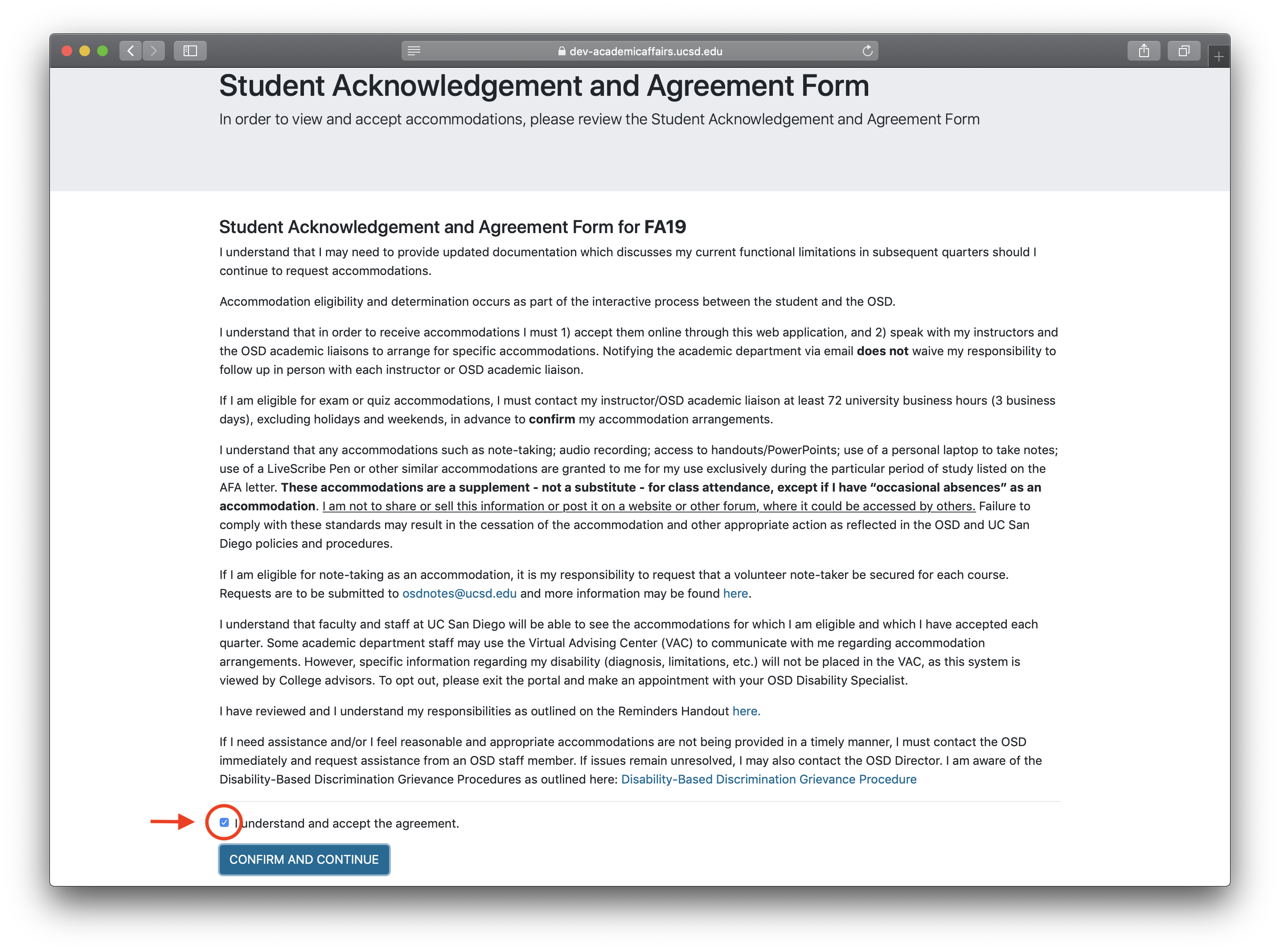 Screenshot of the Student Acknowledgement and Agreement Form with the checkbox highlighted.