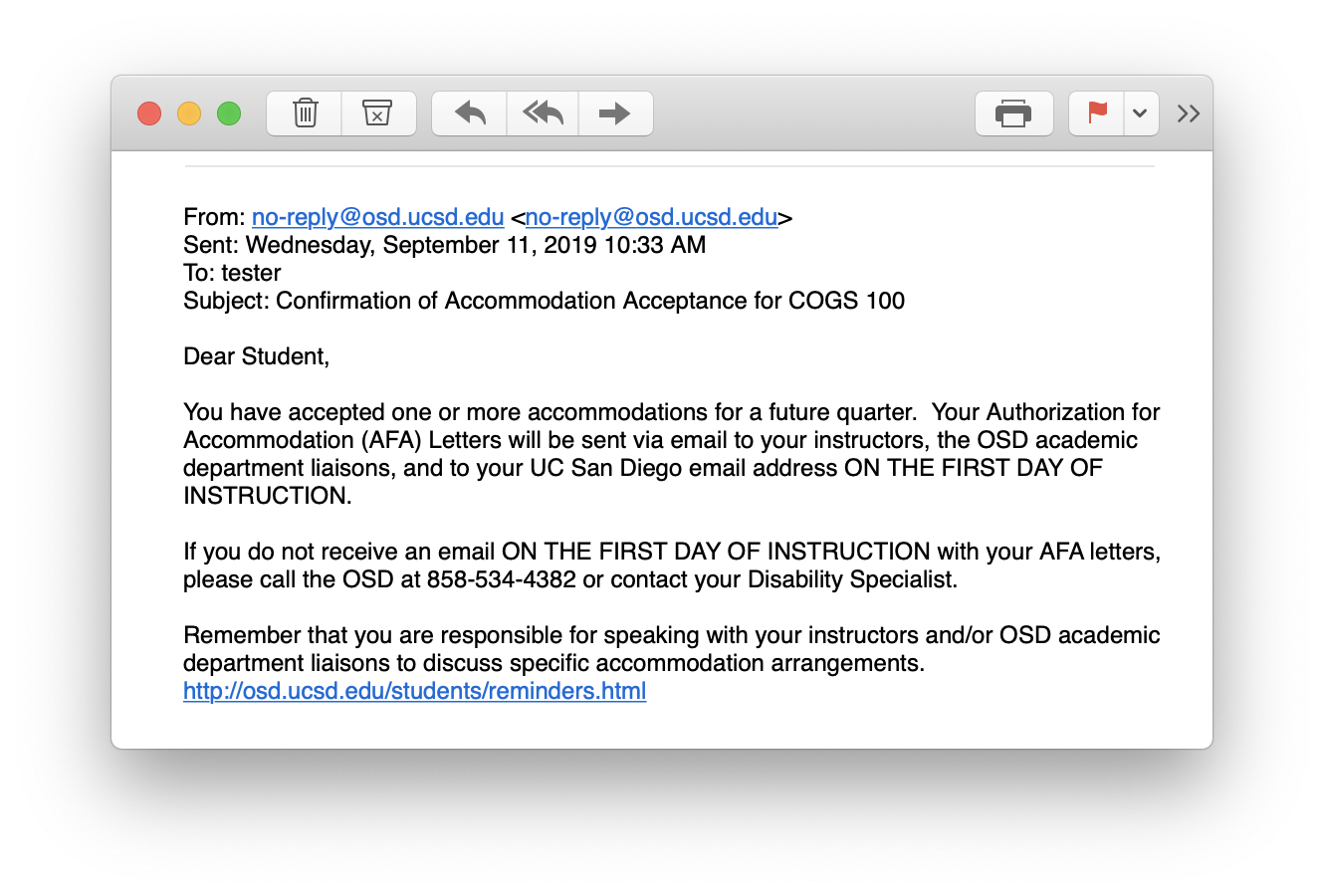 Screenshot of the email message you will receive confirming your accepted accommodations before the first day of instruction.
