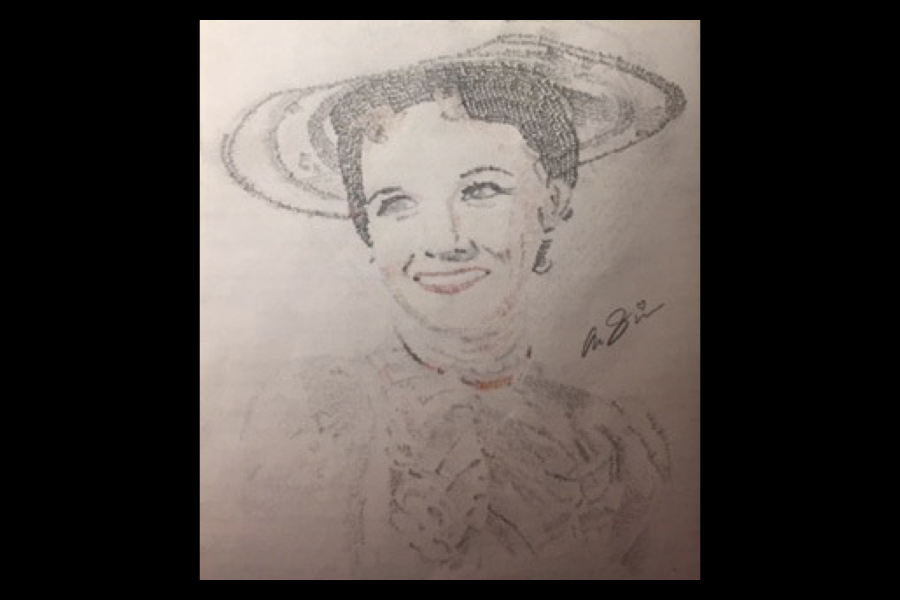 3 of 3, Drawing of a smiling woman wearing a wide brimmed hat and a Victorian style, high collared, ruffled dress.