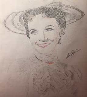 Drawing of a smiling woman wearing a wide brimmed hat and a Victorian style, high collared, ruffled dress.