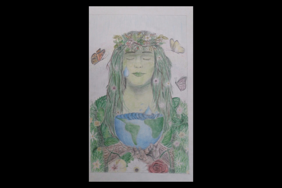 1 of 3, Drawing of a woman, with nature like features, holding 2/3 of the Earth with tears running into the Earth's core.