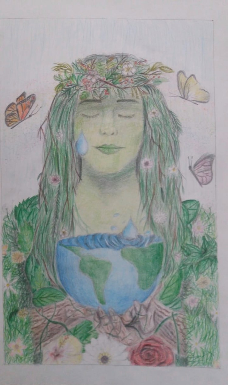 Drawing of a woman, with nature like features, holding 2/3 of the Earth with tears running into the Earth's core.