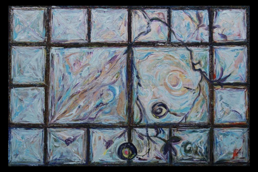 2 of 4, An abstract painting, with 18 windows, looking out onto a mountainside and trees with the sense that autumn is in full swing and the cold is approaching.