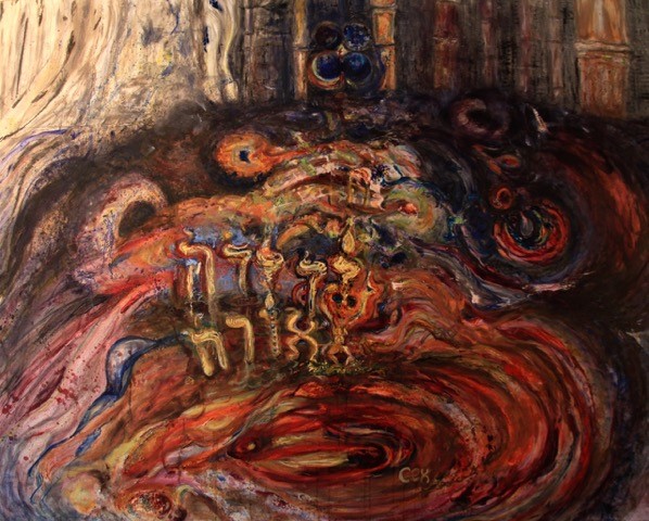 An abstract piece, composed with dark colors, of a smaller individual in a swirling pool that is housed within a larger individual.