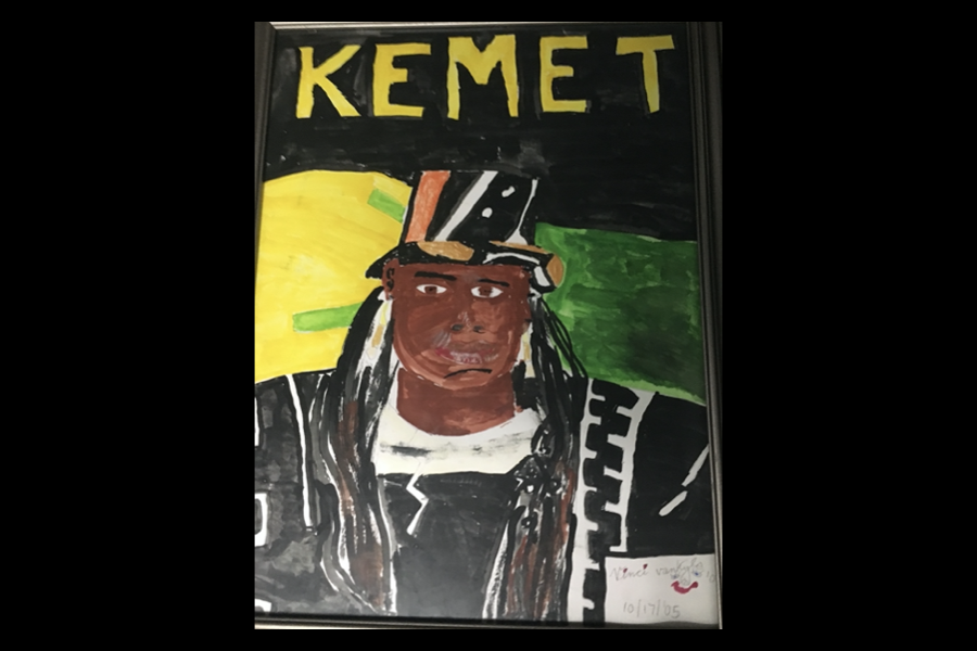 3 of 4, Portrait of a person of color, with dreadlocks, wearing an intricate top hat and a black/white patterned garment.