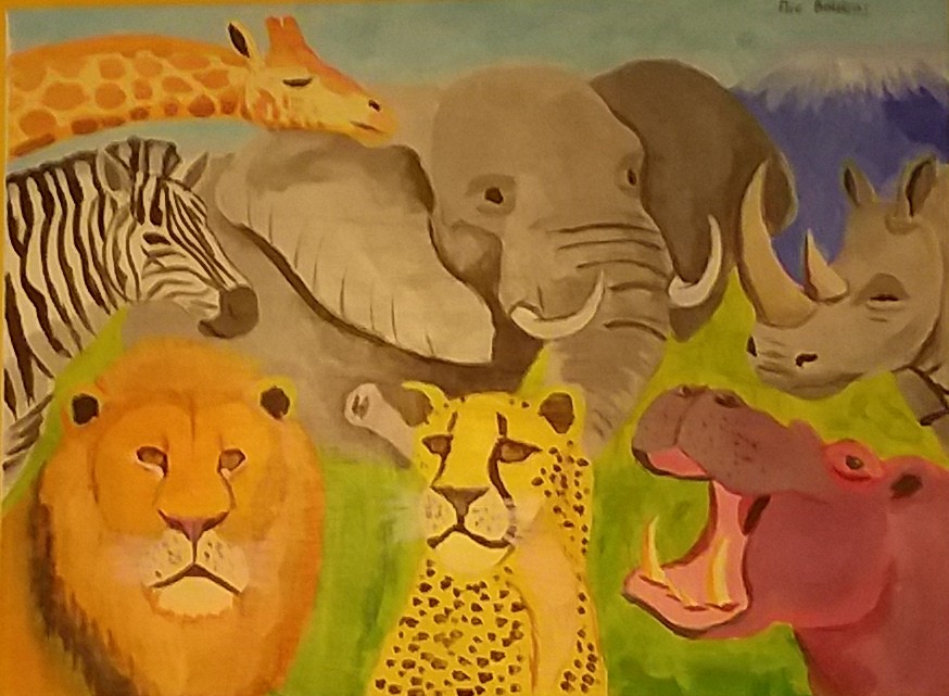 A painting containing African mammals.