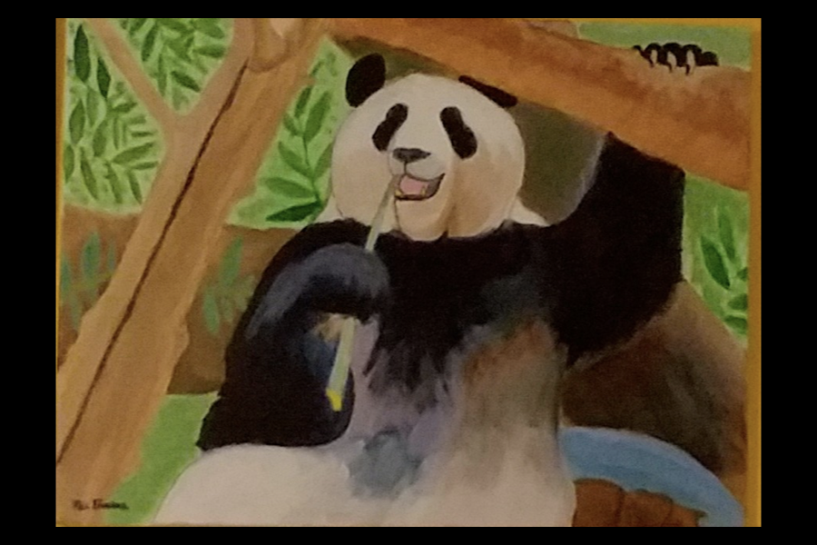 3 of 4, Painting of a panda relaxing and eating bamboo.