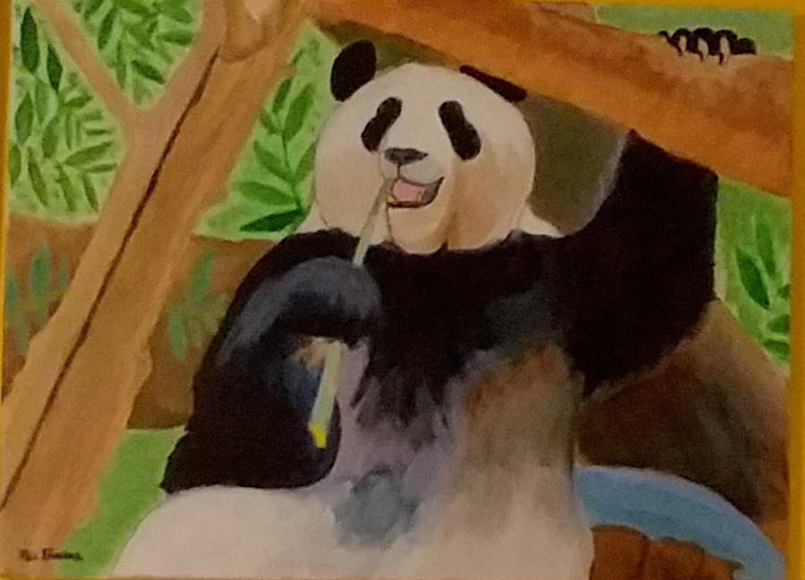 Painting of a panda relaxing and eating bamboo.