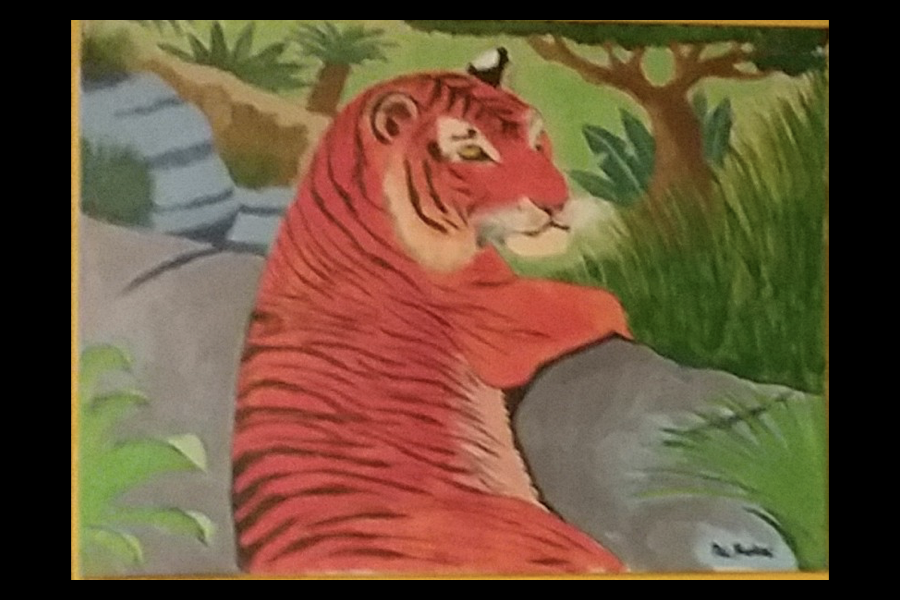 2 of 4, Painting of a tiger, laying on a rock ledge, gazing to its right.