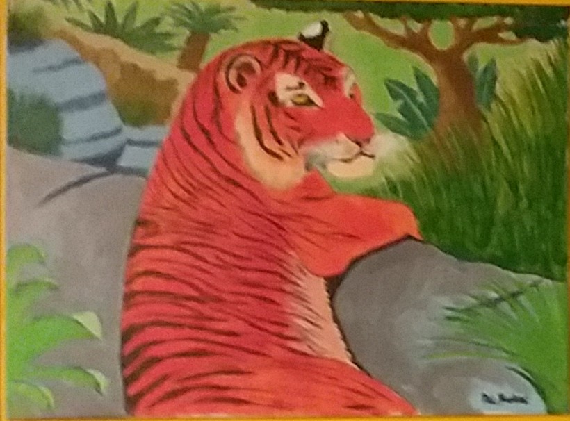 Painting of a tiger, laying on a rock ledge, gazing to its right.
