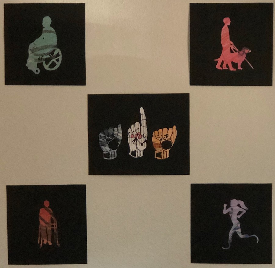 Cards that contain colorful silhouettes of people with different disabilities inside the black squares of a checkerboard pattern.