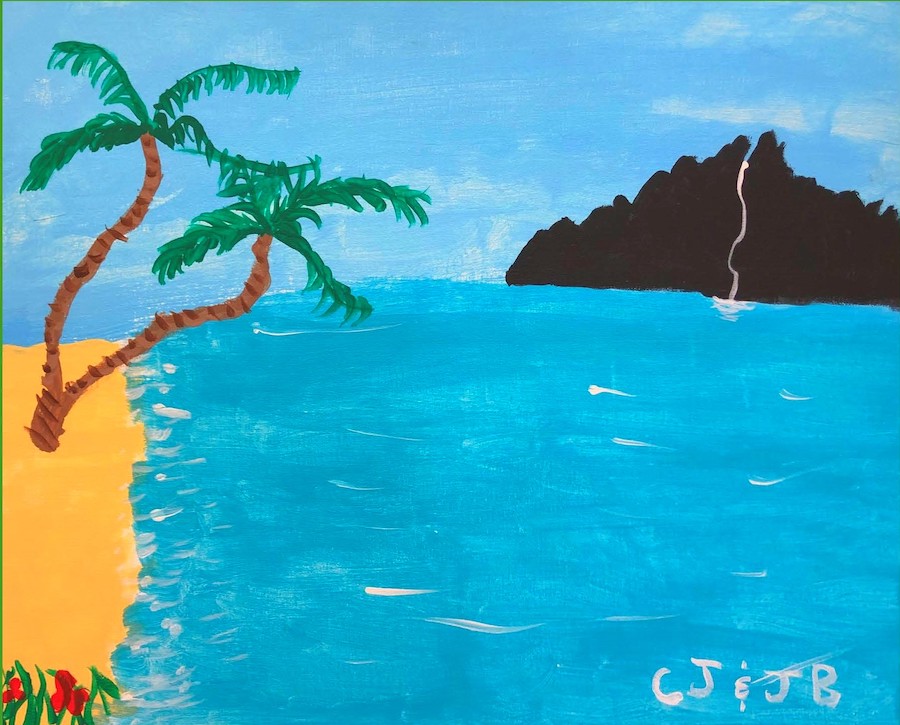 A landscape painting containing two palm trees on a beachfront with a waterfall and mountain in the background.