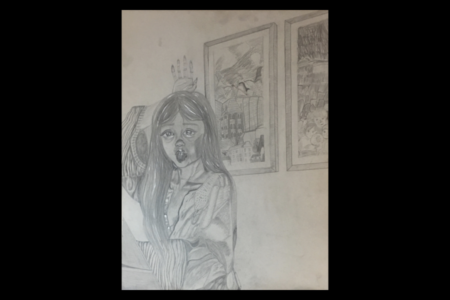 4 of 4, A pencil drawing of a tired woman, sticking her tongue out, with her hand fanned out and facing up behind her head.