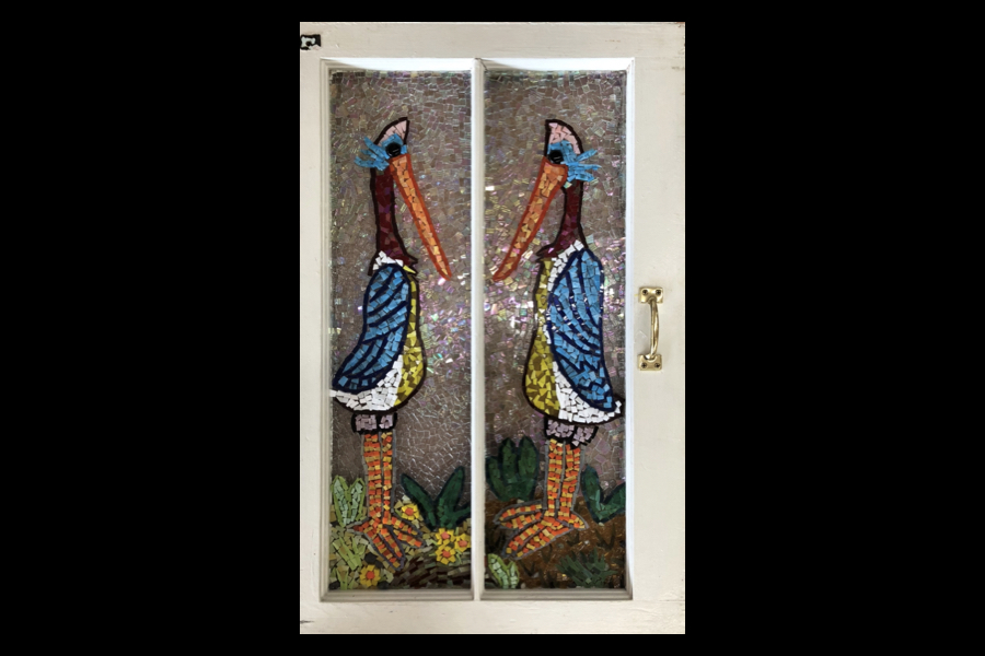 3 of 4, A mosaic of two colorful birds, with long features, facing each other.